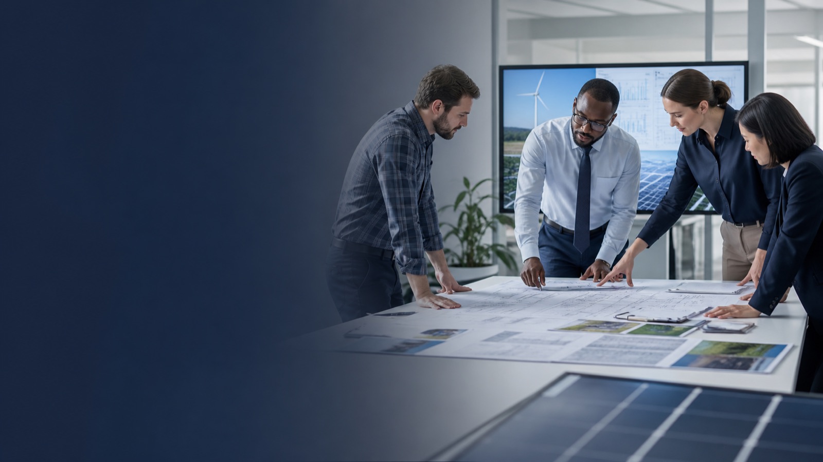 Equipa a analisar um projeto técnico e sustentável