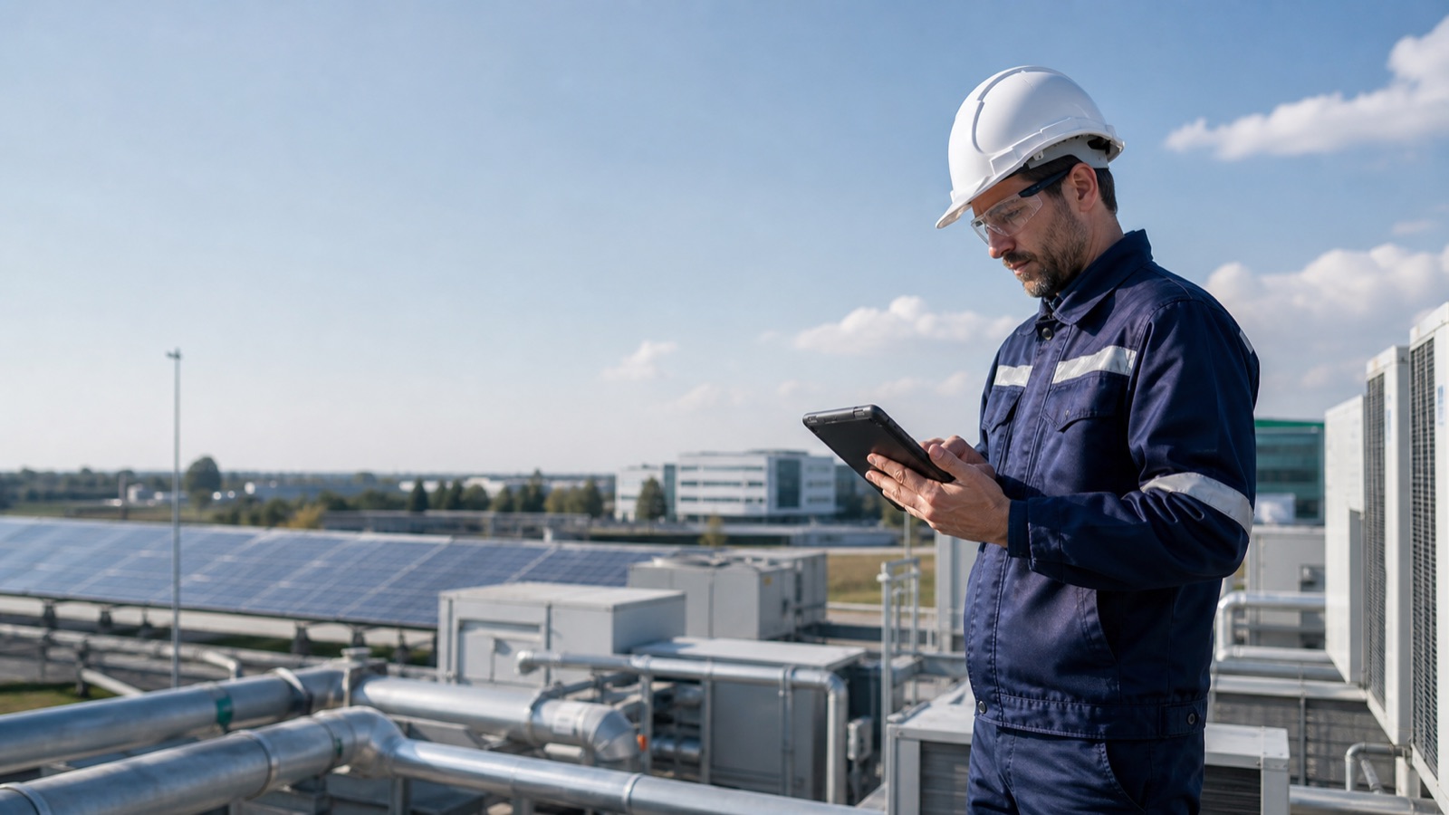 Engenheiro a acompanhar uma instalação técnica no terreno